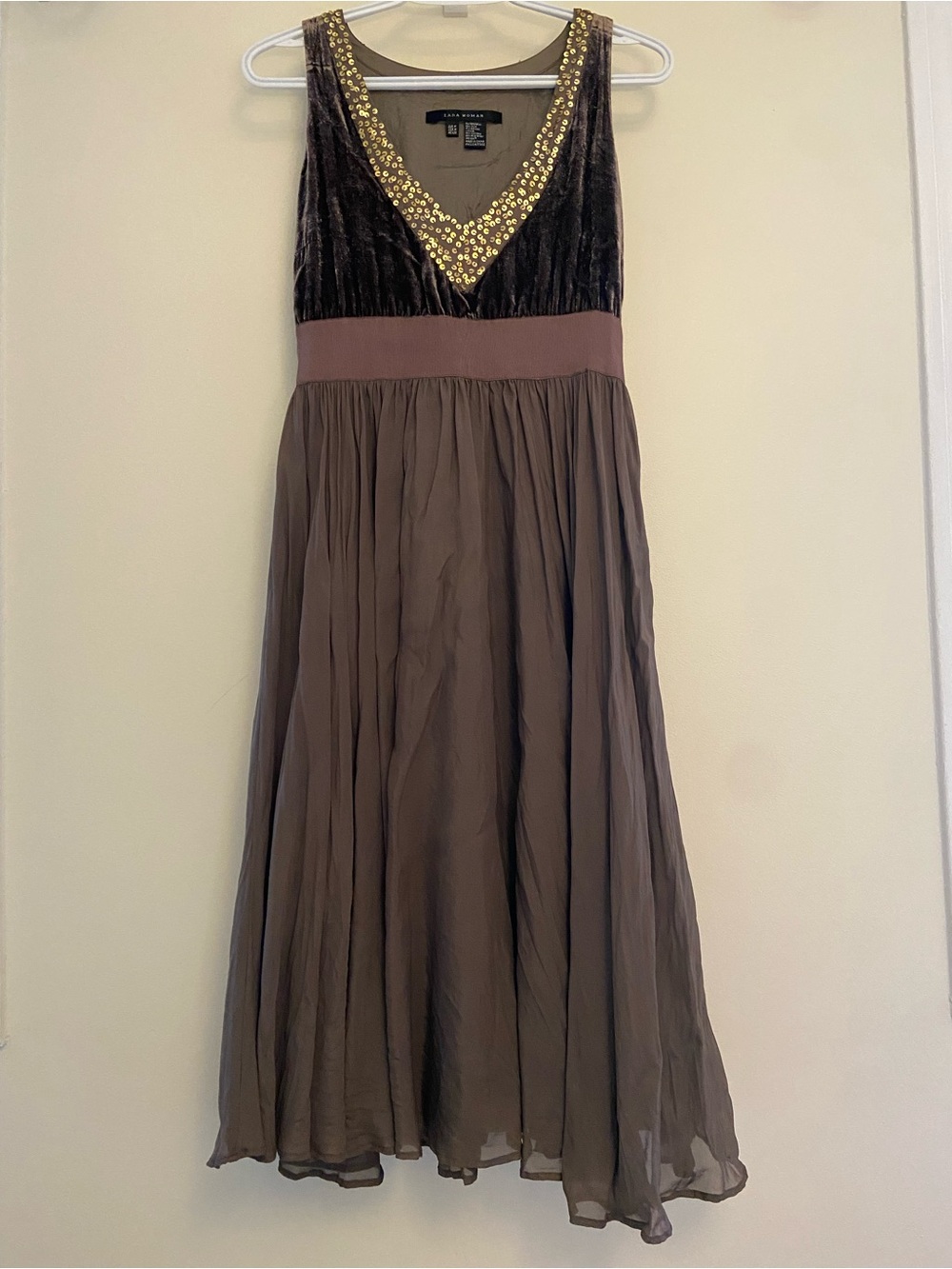Zara Brown Velvet V-Neck Dress with Gold Sequin Trim